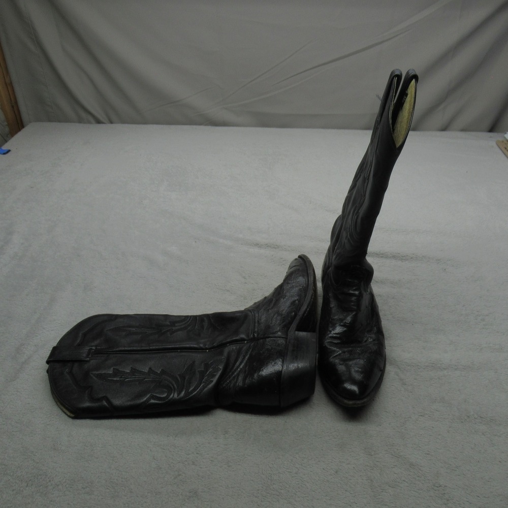 Dan Post‎ Men 8.5M Boots Black Ostrich Leather Western Cowboy Pull-On Riding VTG